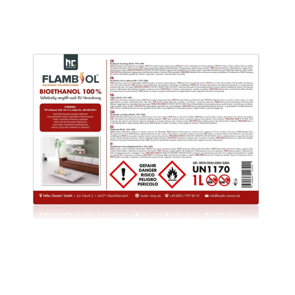 FLAMBIOL® Bioethanol 100 % hochrein – 540 × 1 L Flaschen – für geeignete Edelstahl-Tischkamine