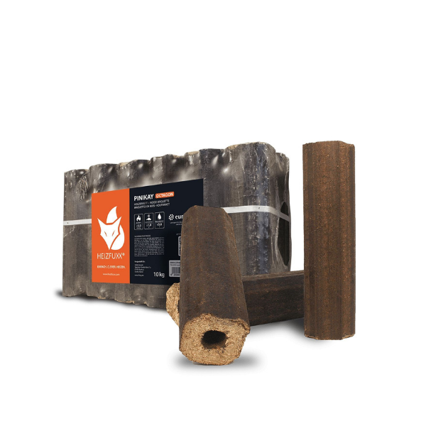 Heizfuxx PiniKay Quadro Hartholzbriketts – 960 kg Palette (96 × 10 kg) – Hochverdichtete Vierkant-Briketts für Kamin & Ofen