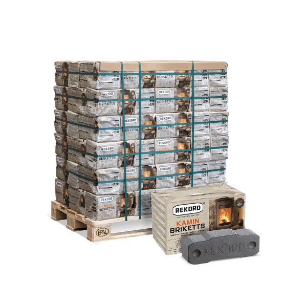 Rekord Braunkohlebriketts – 900 kg Palette (90 × 10 kg Pakete) – Klassische Kamin- & Ofenbriketts
